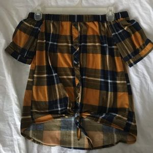 Navy Blue and Yellow Plaid off the Shoulder Top